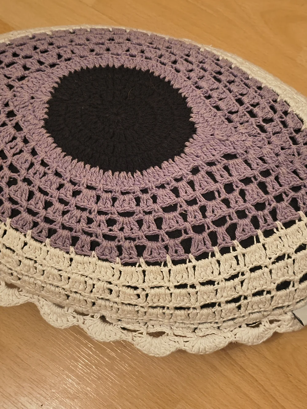 London Kaye Handmade Crochet Eye Accent Pillow in Cream, Lavender & Black